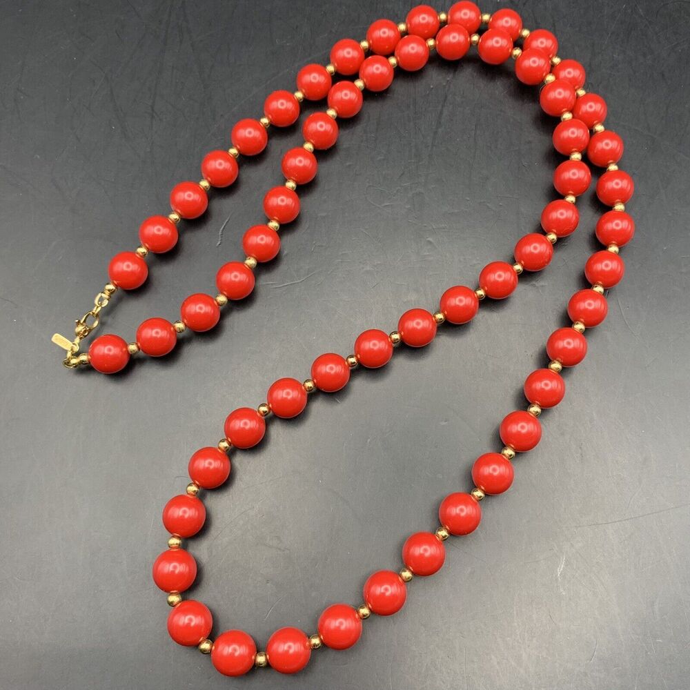 Monet Red Beaded Necklace Long 30 Inch Gold Tone Colorful Bold Bright Vintage